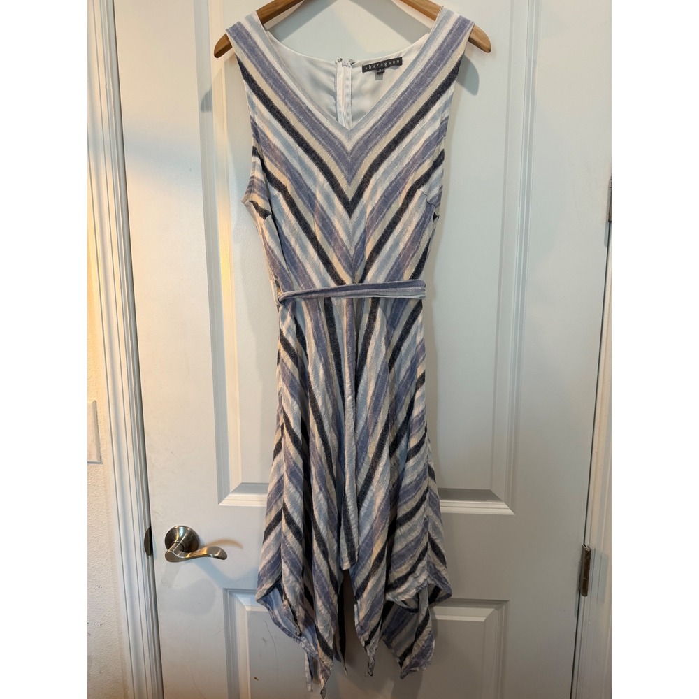 Sharagano Blue White Striped Linen Blend Handkerchief Hem Belted Dress Womens 12
